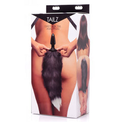 Tailz Grey Fox Tail Anal Plug retail packaging showing product in use and side view
