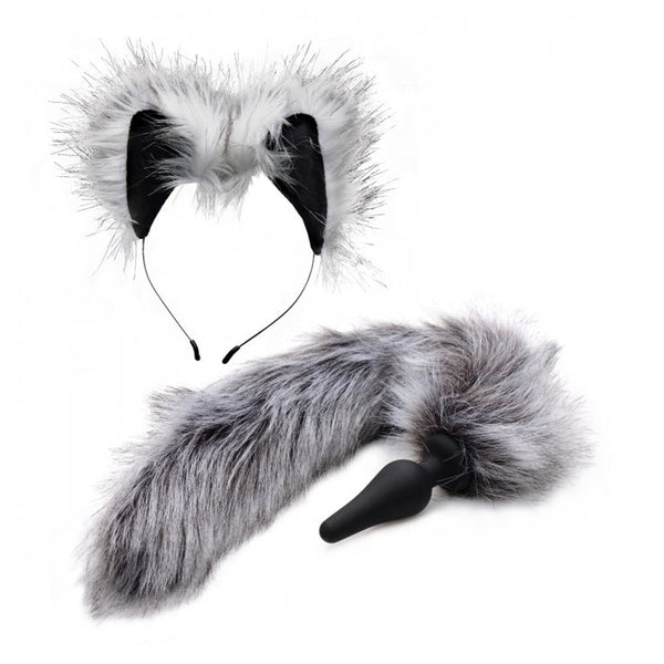 Tailz Grey Wolf Tail Anal Plug and Ears Set with fluffy faux-fur tail and headband