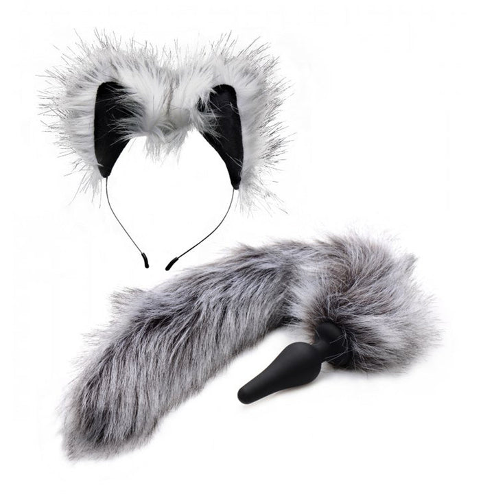 Tailz Grey Wolf Tail Anal Plug and Ears Set with fluffy faux-fur tail and headband