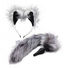 Tailz Grey Wolf Tail Anal Plug and Ears Set with fluffy faux-fur tail and headband