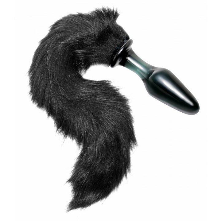 Tailz Midnight Fox Tail Glass Anal Plug with long black faux-fur tail, side view