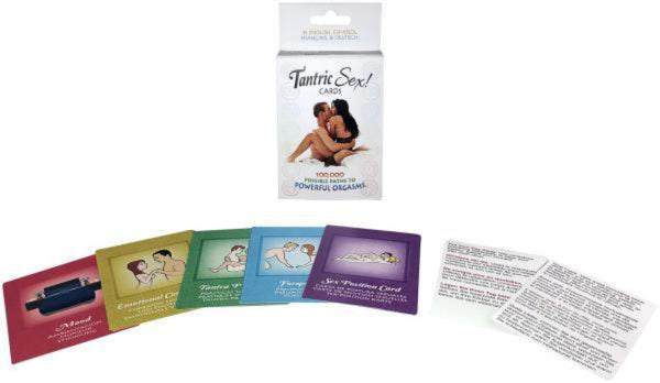 Tantric Sex Cards game box with colorful instruction and position cards fanned out in front