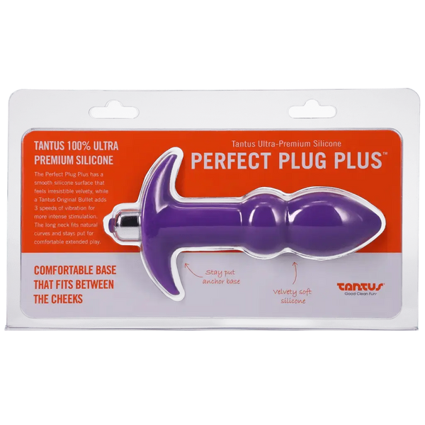 Tantus Perfect Plug Plus vibrating anal plug in purple, shown in retail blister packaging with label details