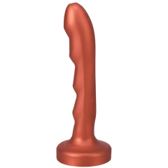 Tantus Charmer copper silicone dildo, front view showing curved shaft and ridged side