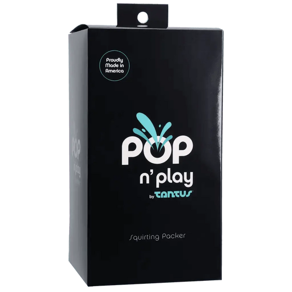 Tantus Pop n Play Packer black retail box with squirting packer label, proudly made in America