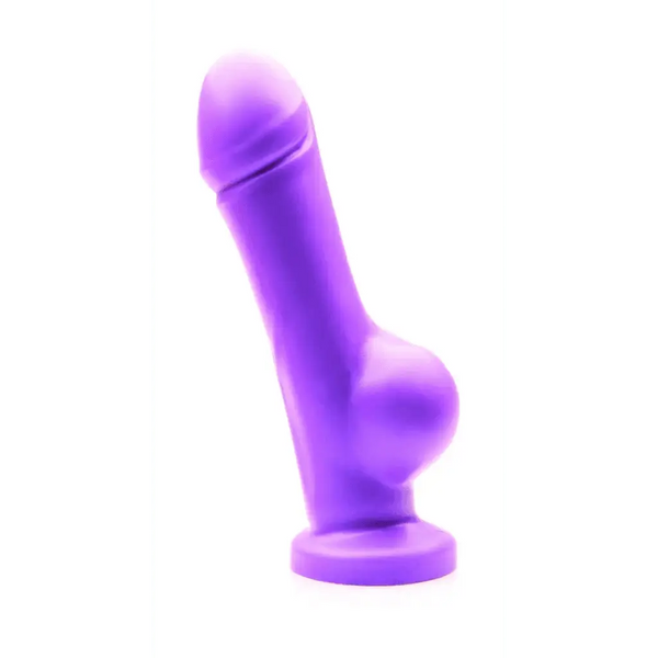 Tantus Super Destiny silicone dildo in purple with suction cup base, front view