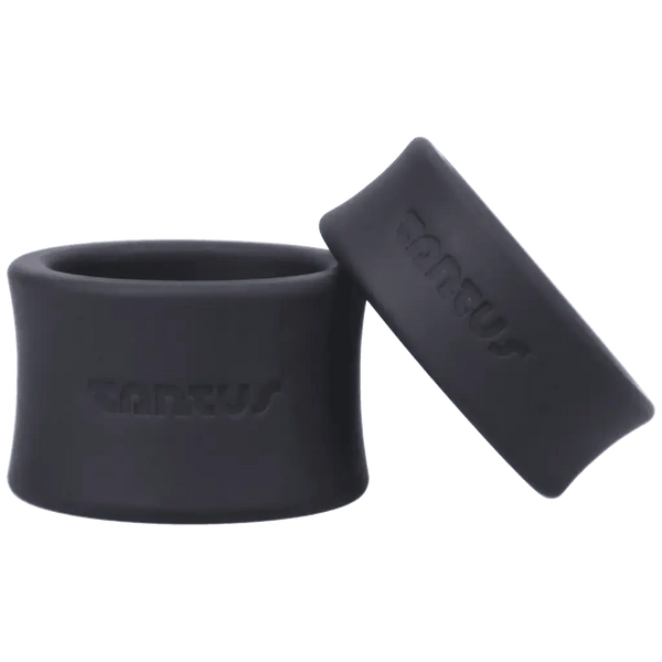 Tantus Super Soft Ball Stretcher Kit, two black silicone rings, one upright and one tilted