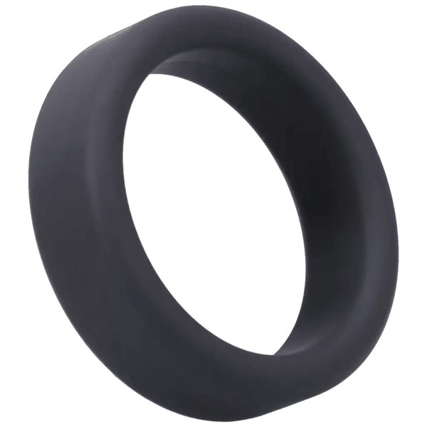 Tantus Super Soft C-Ring in black, smooth matte silicone with a wide, flexible band
