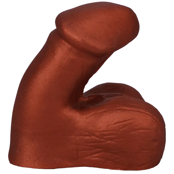 Tantus On The Go Silicone Packer in Copper, side angle showing curved silicone form