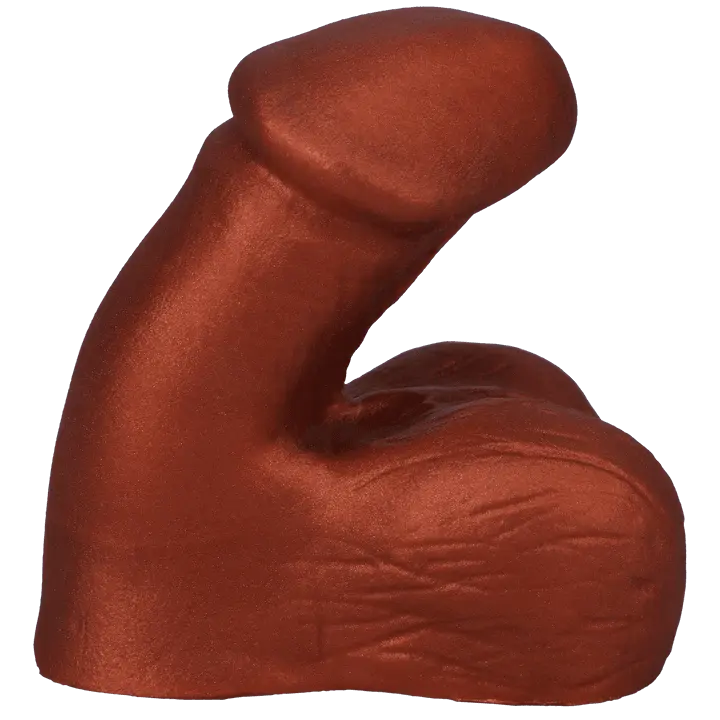 Tantus On The Go Silicone Packer in Copper, side angle showing curved silicone form