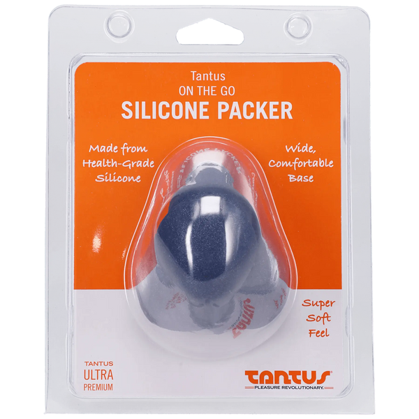 Tantus On The Go Silicone Packer in sapphire blue shown in retail clamshell packaging