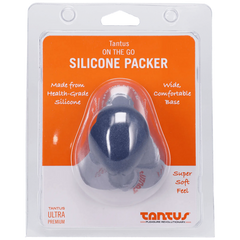 Tantus On The Go Silicone Packer in sapphire blue shown in retail clamshell packaging