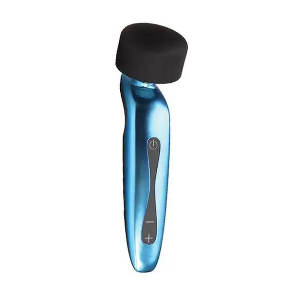 Tantus Rumble wand massager in metallic blue with black silicone head and control buttons