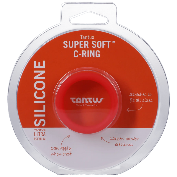 Tantus Super Soft C-Ring in red silicone shown in retail clamshell packaging