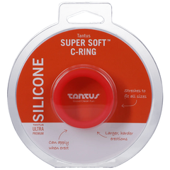 Tantus Super Soft C-Ring in red silicone shown in retail clamshell packaging