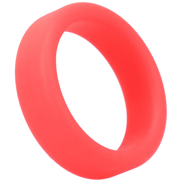 Tantus Super Soft Cock Ring red silicone band shown unpackaged, smooth round profile