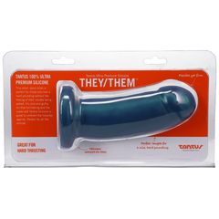 Tantus They/Them Malachite dildo in retail packaging highlighting harness-compatible base