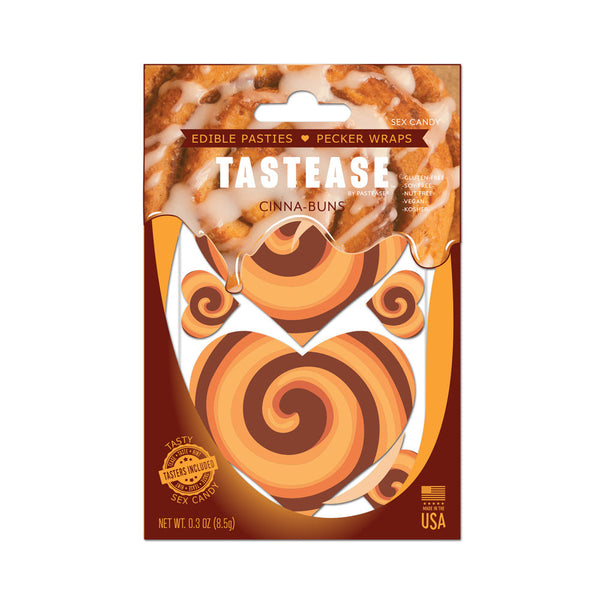 Tastease Cinna-Buns edible pasties in brown swirl heart design, shown in retail packaging