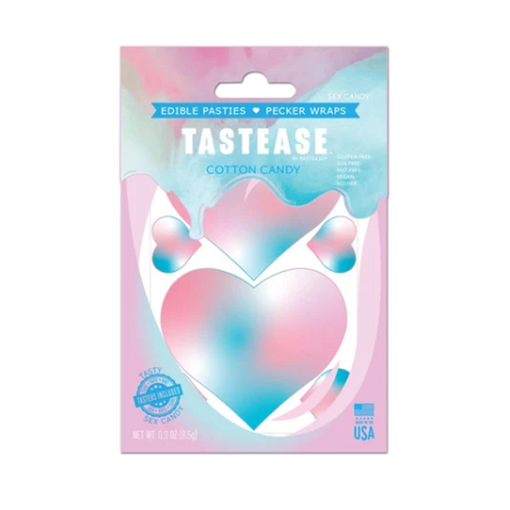 Tastease Cotton Candy edible pasties front packaging, pink and blue heart-shaped candy design