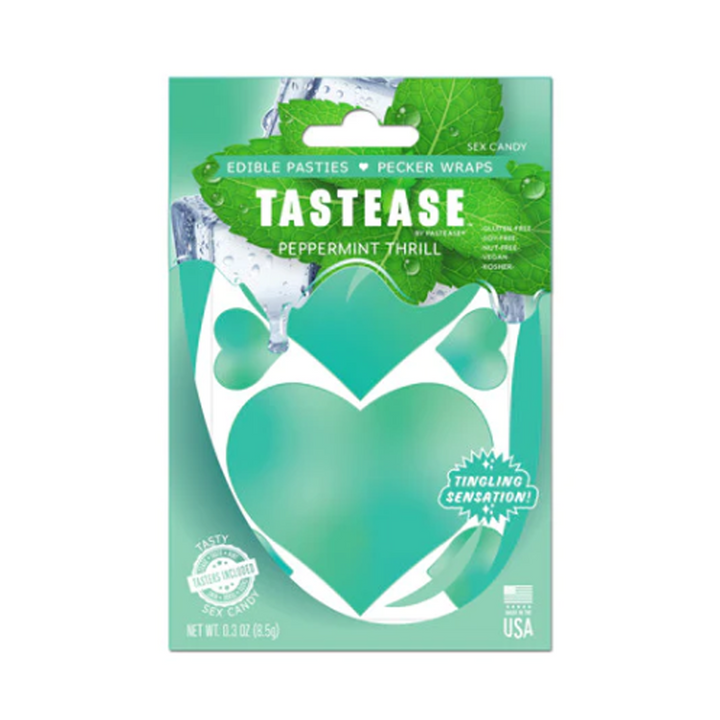 Tastease Peppermint Thrill edible pasties in mint-green heart shape, front of sealed packaging