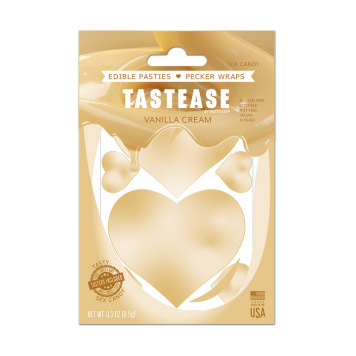 Tastease Vanilla Cream edible pasties in gold heart-shaped packaging with hang tab