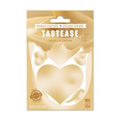 Tastease Vanilla Cream edible pasties in gold heart-shaped packaging with hang tab