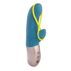 Teal Amorino vibrator displaying embossed texture detail on shaft with yellow loop and control buttons