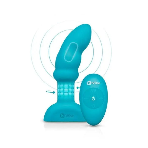Teal b-Vibe Rimming P-Spot Plug with wireless remote showing rotating bead ring motion