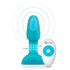 Teal b-Vibe Rimming Plug Petite showing rotating bead ring and wireless remote control