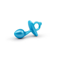Teal blue bulb-shaped anal plug lying on its side showing smooth silicone finish