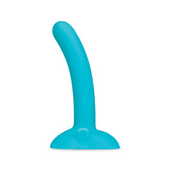 Teal curved silicone dildo with smooth finish and suction-cup base, side profile view