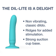 Teal Dil-Lite dildo with bullet points highlighting ridges for stimulation and strong suction cup base