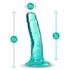 Teal dildo shown with dimension callouts: 5.5in total, 5in insertable, 1.25in wide
