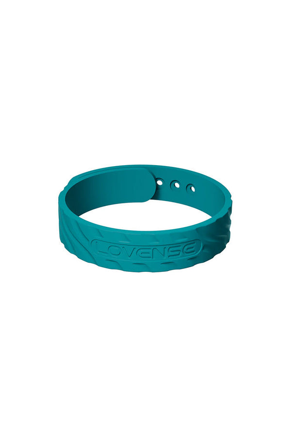 Teal embossed Lovense silicone wristband accessory included with the Gush 2 massager