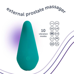 Teal external prostate massager with 10 vibration mode icons displayed beside device