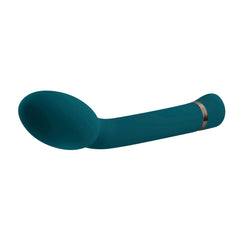 Teal G-spot vibrator lying horizontal, showing curved neck and rose-gold accent ring