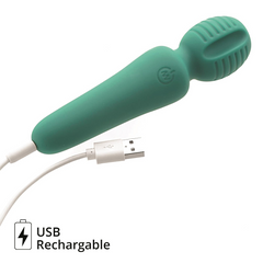 Teal pleasure wand with USB charging cable attached, showing rechargeable magnetic port connection