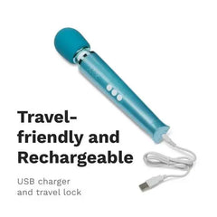 Teal rechargeable wand massager shown beside a USB charging cable on a white background