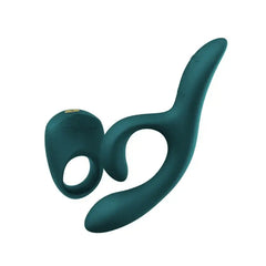 Teal silicone Nova rabbit-style vibrator and Pivot wearable ring shown together, both body-safe