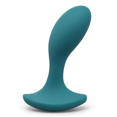 Teal silicone prostate plug side profile showing curved shaft and flared base