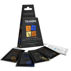 Teasers Coffee House Mix open box with four flavored lubricant packettes fanned out beside it