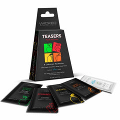 Teasers Fresh Fruit Mix box open displaying four flavoured lubricant foil packettes fanned out