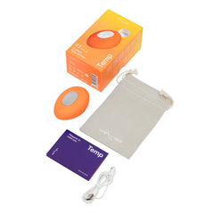 Temp by We-Vibe unboxed showing device, storage pouch, USB charging cable, and instruction booklet