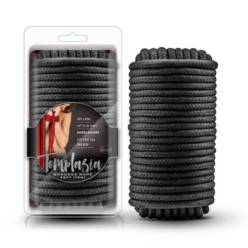 Temptasia black cotton bondage rope coiled neatly, shown beside retail blister packaging