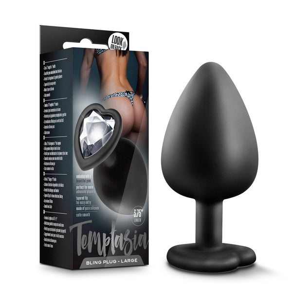 Temptasia Bling Plug Large next to product packaging showing 3.75 inch length reference