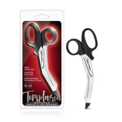 Temptasia bondage safety scissors by Blush with black handles and stainless steel angled blades