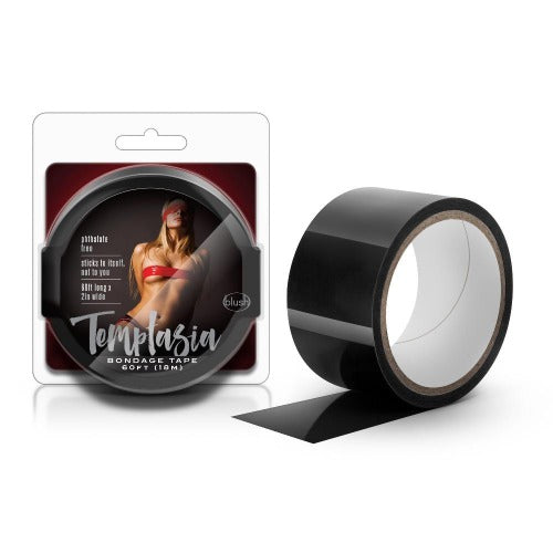 Temptasia Bondage Tape in black, 60ft roll beside retail packaging, sticks to itself