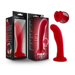 Temptasia Jezebel crimson silicone dildo with suction base shown with retail packaging