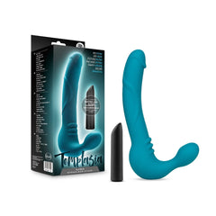 Temptasia Luna strapless dildo by Blush in teal silicone shown with box and bullet vibrator