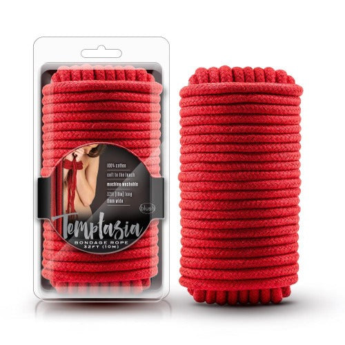 Temptasia red cotton bondage rope coiled beside retail packaging, 32ft length